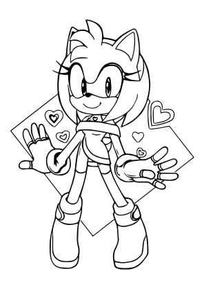 Η Amy Rose χαμογελά και απλώνει τα γαντοφορεμένα χέρια της, ενώ μικρές καρδιές την περιβάλλουν, σε σχέδιο Sonic για ζωγραφική.