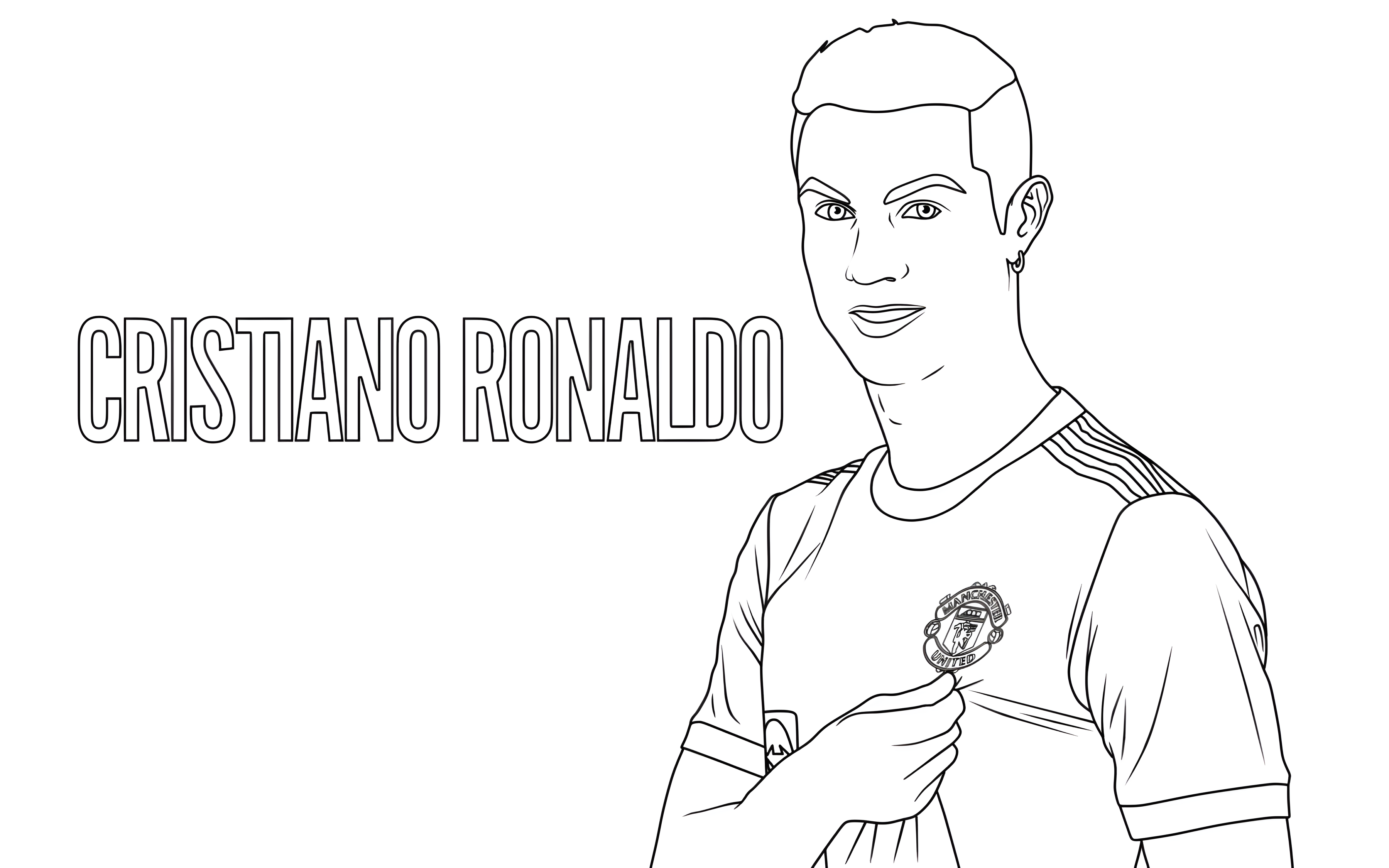 Ο Cristiano Ronaldo με φανέλα της Manchester United αγγίζει το έμβλημα στο στήθος, σε ασπρόμαυρη σελίδα για ζωγραφική.