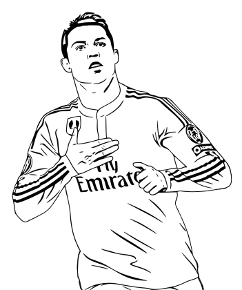 Ασπρόμαυρο σχέδιο του Cristiano Ronaldo με τη φανέλα της Real Madrid, να δείχνει το σήμα στο στήθος του.