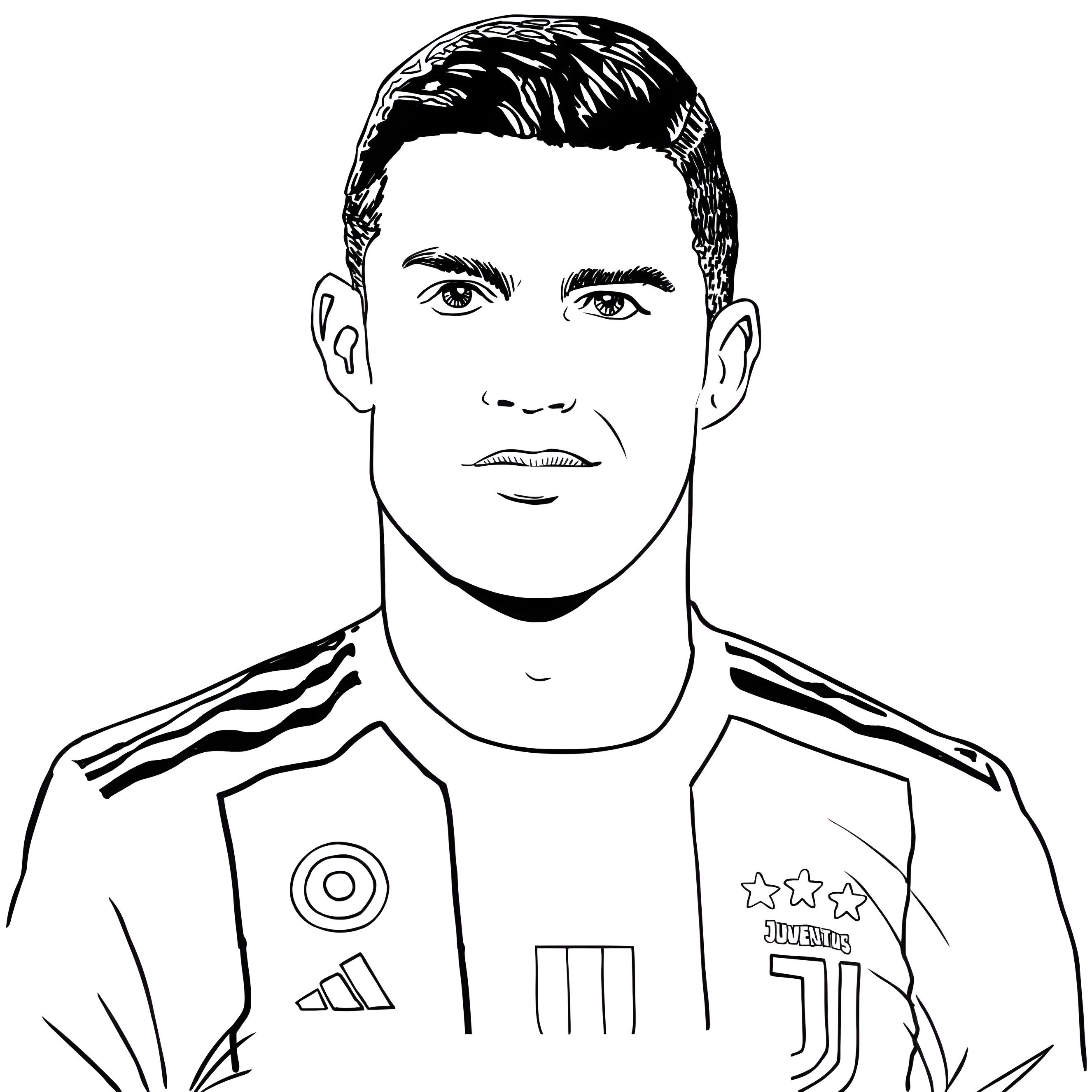 Μετωπικό πορτρέτο του Cristiano Ronaldo με τη φανέλα της Juventus, σε σχέδιο για ζωγραφική.