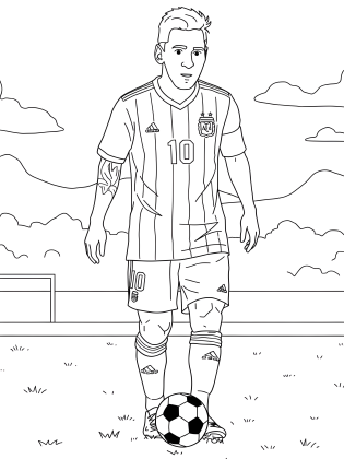Ο Lionel Messi με τη φανέλα της εθνικής Αργεντινής στέκεται δίπλα στην μπάλα σε σχέδιο για ζωγραφική.