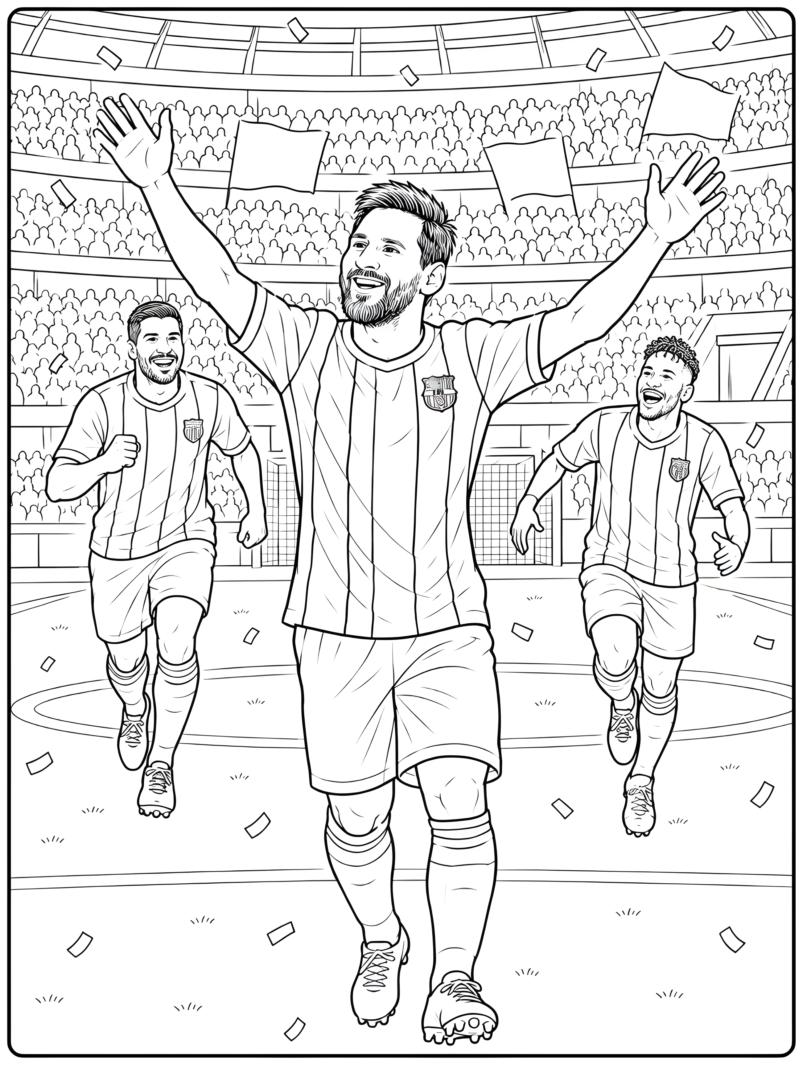 Ο Lionel Messi πανηγυρίζει με υψωμένα χέρια, φορώντας φανέλα της FC Barcelona, ενώ δύο συμπαίκτες τρέχουν κοντά του, σε σχέδιο για ζωγραφική.