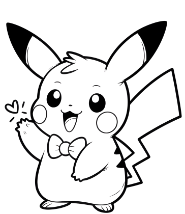 Ο Pikachu σηκώνει το ένα χέρι και χαμογελά, φορώντας φιόγκο, σε ασπρόμαυρη ζωγραφιά Pokémon για χρωμάτισμα.