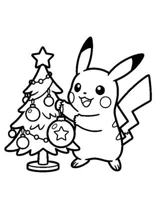 Ο Pikachu κρεμά χριστουγεννιάτικες μπάλες σε ένα μικρό δέντρο, σε σχέδιο Pokémon για ζωγραφική.