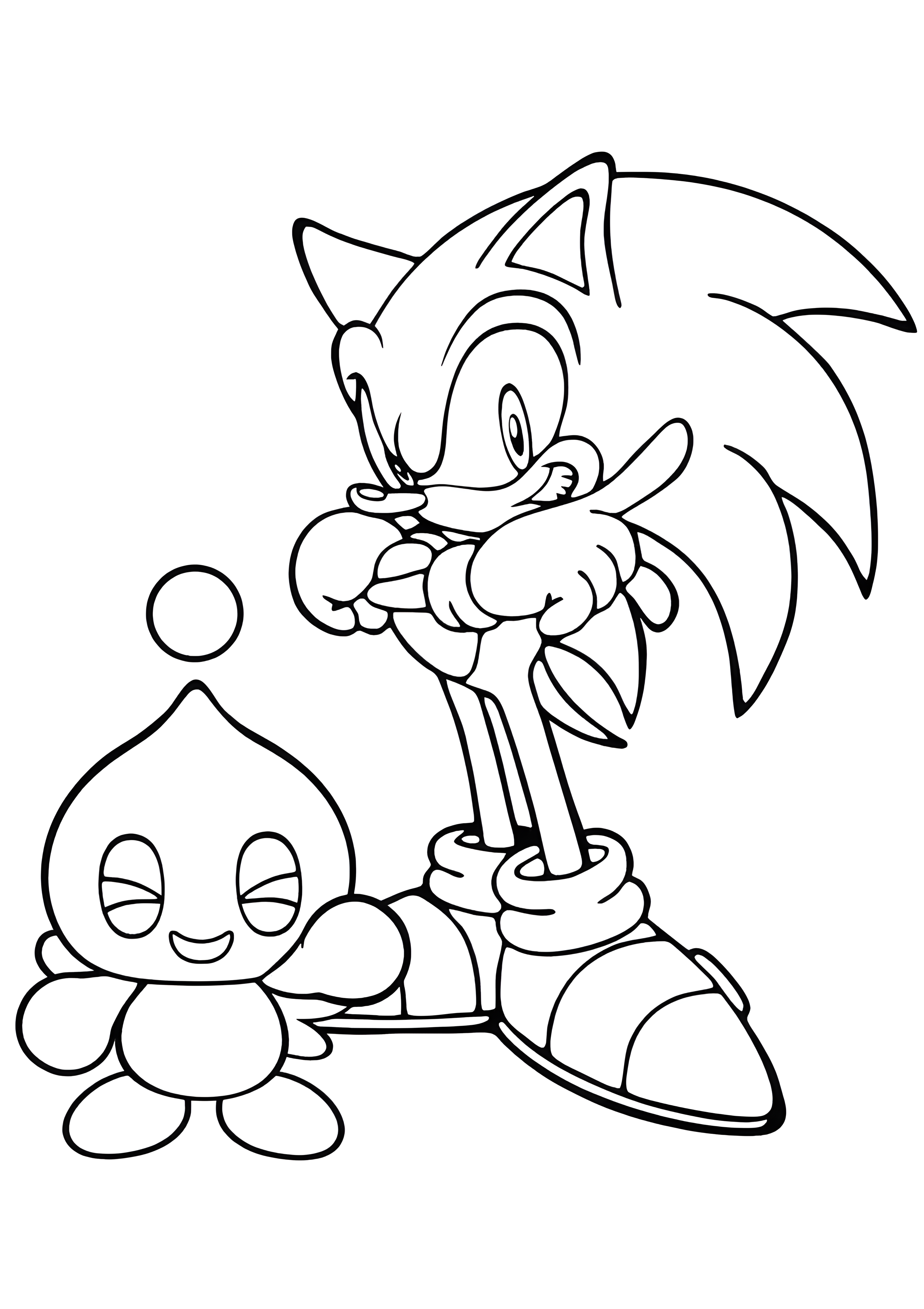 Ο Sonic στέκεται με τα χέρια σταυρωμένα δίπλα σε ένα μικρό Chao, σε ασπρόμαυρη σελίδα ζωγραφικής από το σύμπαν του Sonic.