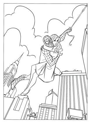 Ο Spider-Man αιωρείται κρατώντας μια γυναίκα, με ιστό απλωμένο προς ένα κτίριο και ουρανοξύστες γύρω τους, σε σχέδιο για ζωγραφική.