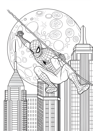 Ο Spiderman κρατιέται από τον ιστό και αιωρείται πάνω από ουρανοξύστες, με τη Σελήνη στο φόντο, σε σχέδιο για ζωγραφική.