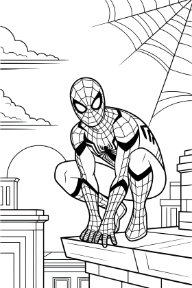 Ο Spiderman είναι σκυμμένος σε στάση ετοιμότητας πάνω σε ταράτσα, με ιστό αράχνης και κτίρια στο φόντο, σε ασπρόμαυρο σχέδιο για ζωγραφική.