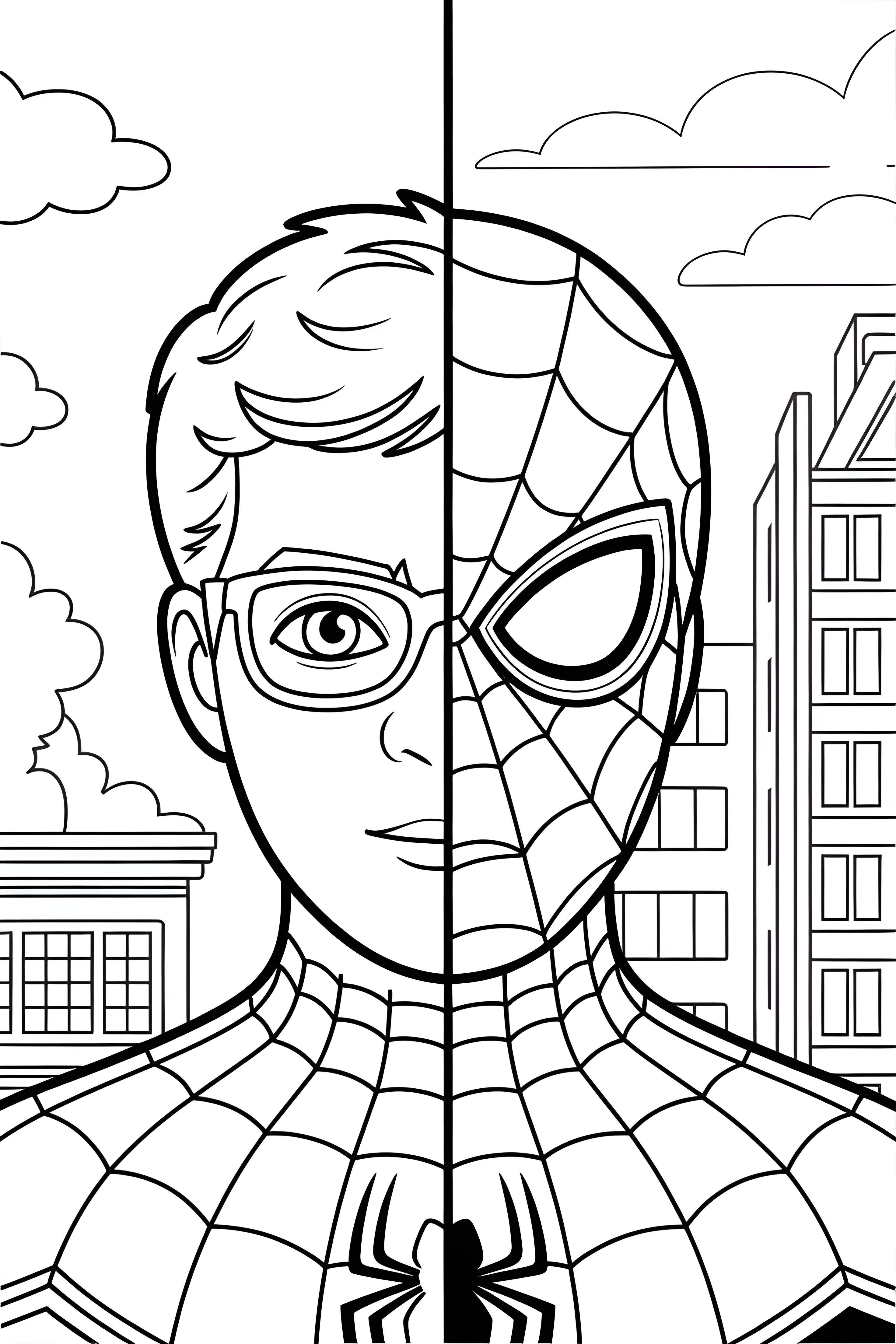 Ο Peter Parker με γυαλιά και ο Spiderman με μάσκα μοιράζονται το ίδιο πρόσωπο, σε σχέδιο για ζωγραφική.