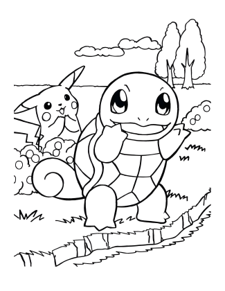 Ο Squirtle σηκώνει το χέρι και ο Pikachu στέκεται πίσω του σε ένα λιβάδι· σκηνή Pokémon για ζωγραφική.