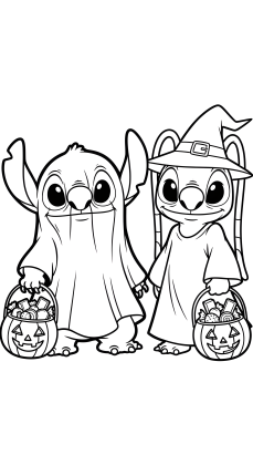 Ο Stitch ως φάντασμα και η Angel ως μάγισσα κρατούν κουβαδάκια με γλυκά σε αυτό το σχέδιο για ζωγραφική.