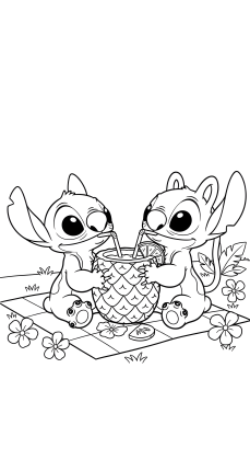 Οι Stitch και Angel πίνουν με καλαμάκια από ένα μεγάλο ποτήρι σε σχήμα ανανά, σε σχέδιο της Disney για ζωγραφική.