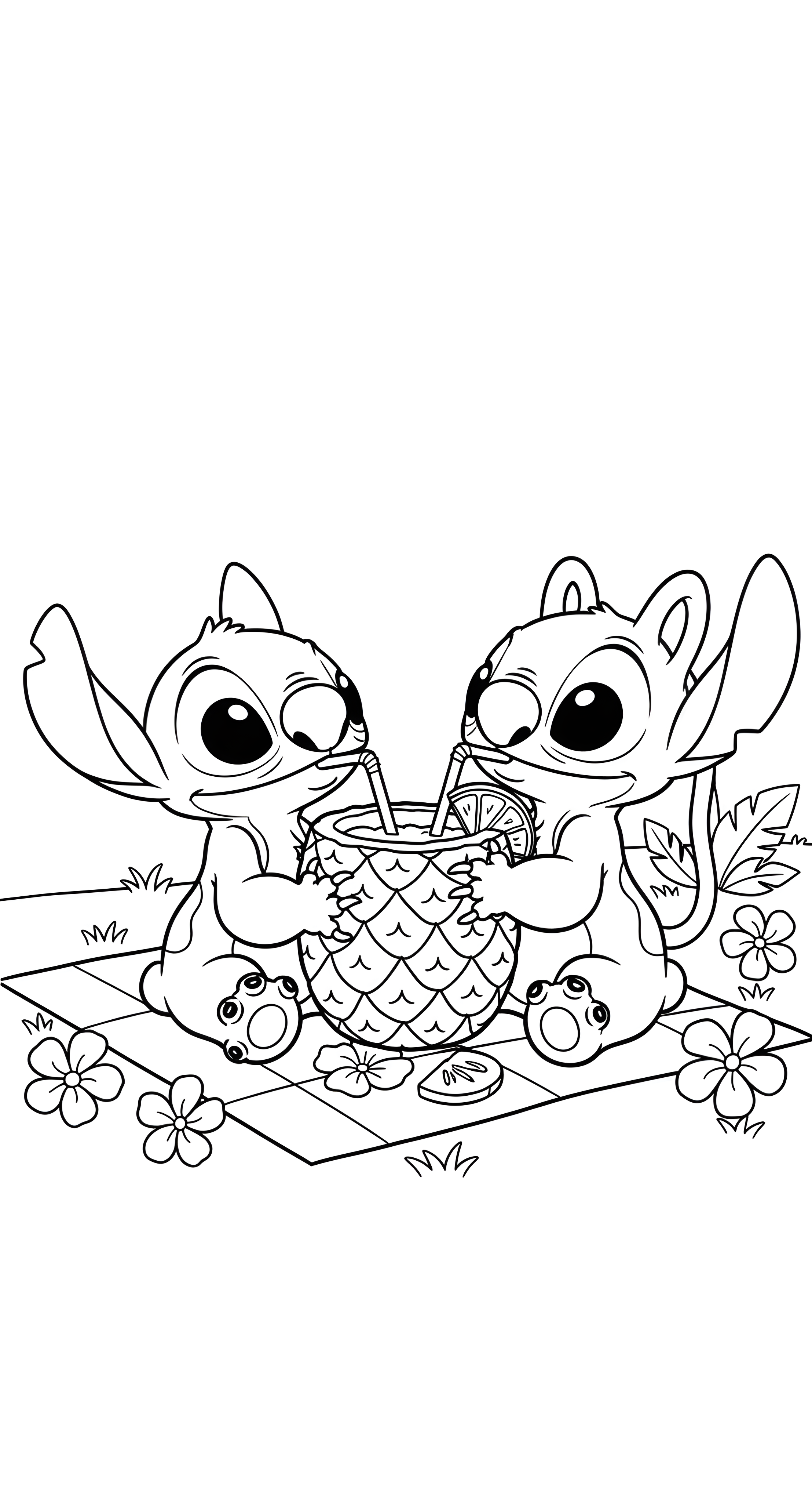 Οι Stitch και Angel πίνουν με καλαμάκια από ένα μεγάλο ποτήρι σε σχήμα ανανά, σε σχέδιο της Disney για ζωγραφική.