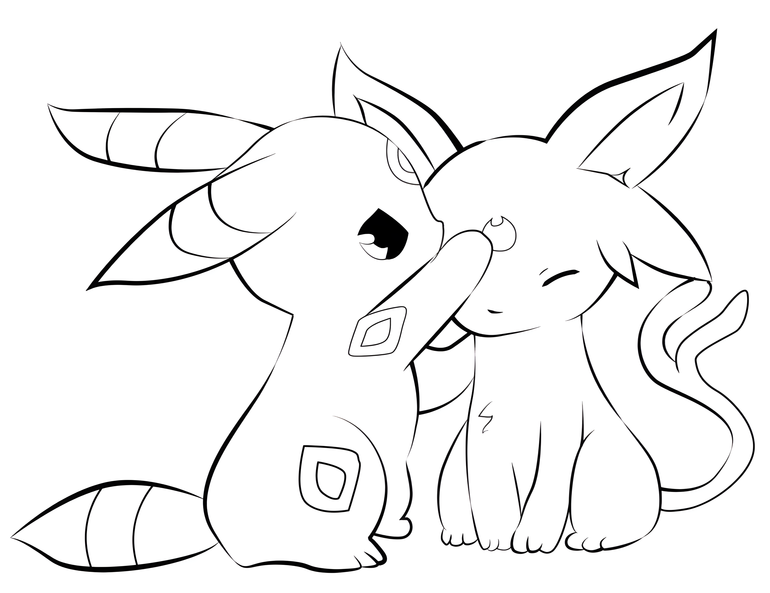 Τα Pokémon Umbreon και Espeon κάθονται αγκαλιασμένα σε σχέδιο για ζωγραφική.
